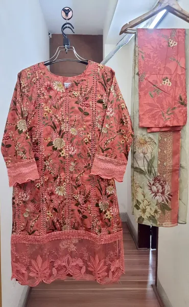 Original Pakistani Polawn Embroidered Stitched Lawn 3 Pcs _ Coral Pink 